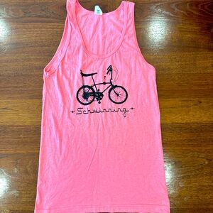 Neon Pink “Schwinning” Tank Top with Bicycle Graphic, Size Small
